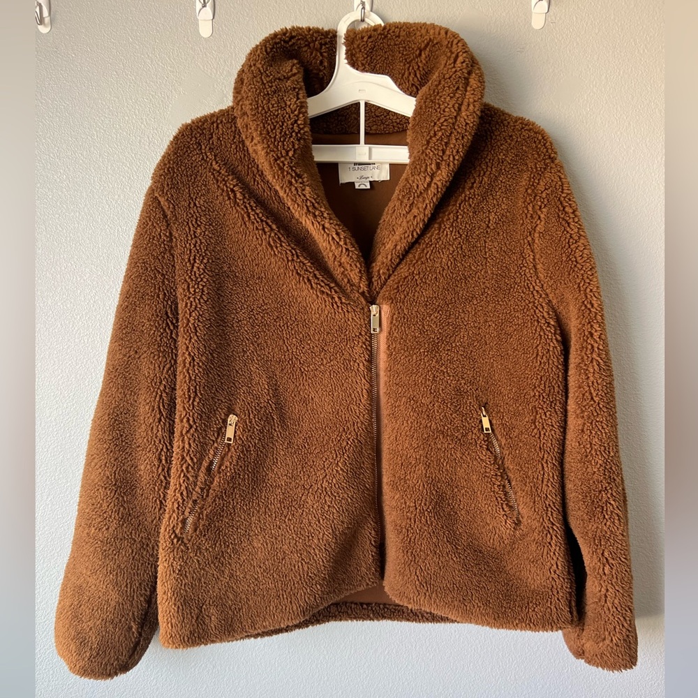 1 Sunset Lane brown fuzzy full zip collared Teddy coat Women’s size Large